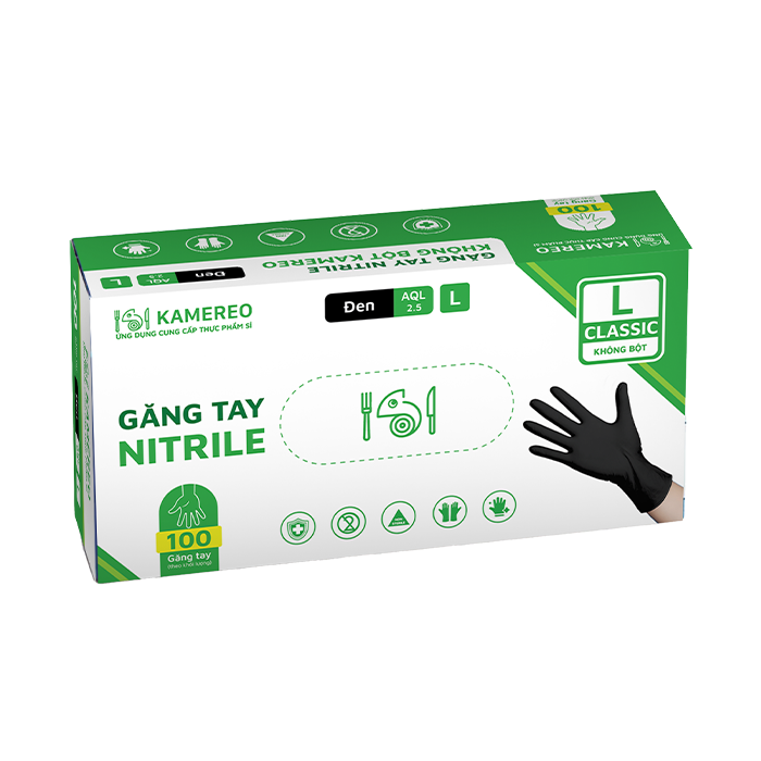 Găng Tay Nitrile Không Bột Màu Đen Kamereo Size L (100 Cái/ Hộp)