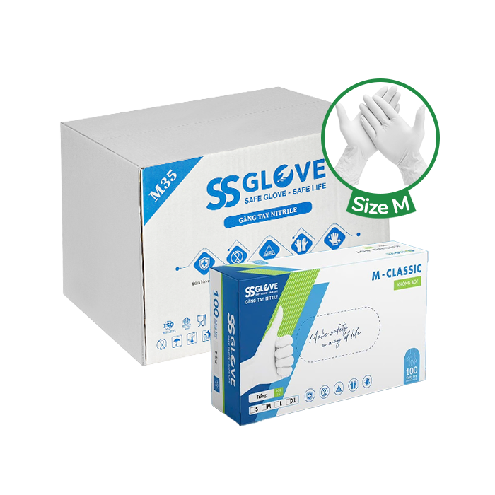 [Thùng] Găng Tay Nitrile Không Bột Màu Trắng SSG Size M (100 Cái/ Hộp) x 10 Hộp