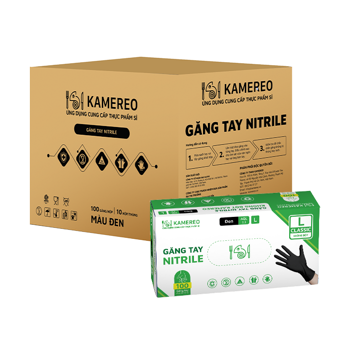 [Thùng] Găng Tay Nitrile Không Bột Màu Đen Kamereo Size L (100 Cái/ Hộp) x 10 Hộp