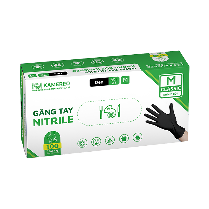 Găng Tay Nitrile Không Bột Màu Đen Kamereo Size M (100 Cái/ Hộp)