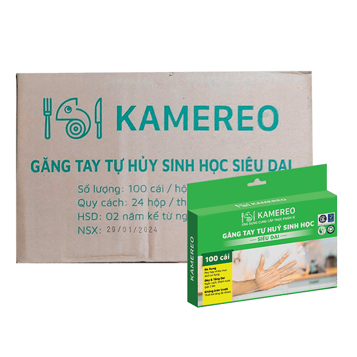 [Thùng] Găng Tay Tự Hủy Sinh Học Kamereo Size L Siêu Dai (100 Cái/ Hộp) x 24 Hộp