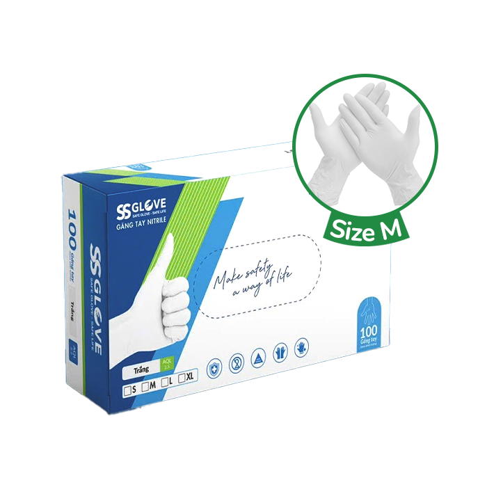 Găng Tay Nitrile Không Bột Màu Trắng SSG Size M (100 Cái/ Hộp)